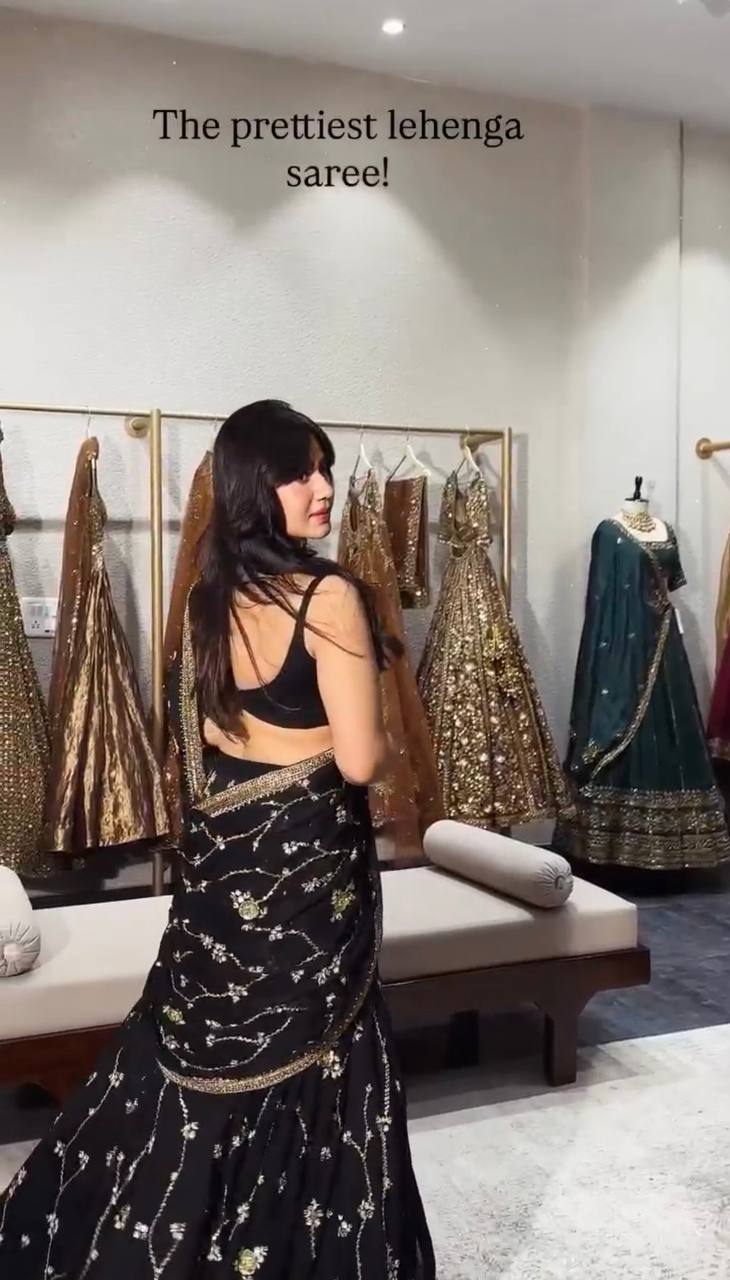 Midnight Black Georgette Lehenga Choli Adorned with Delicate Silver Floral Vine Embroidery and Scalloped Borders